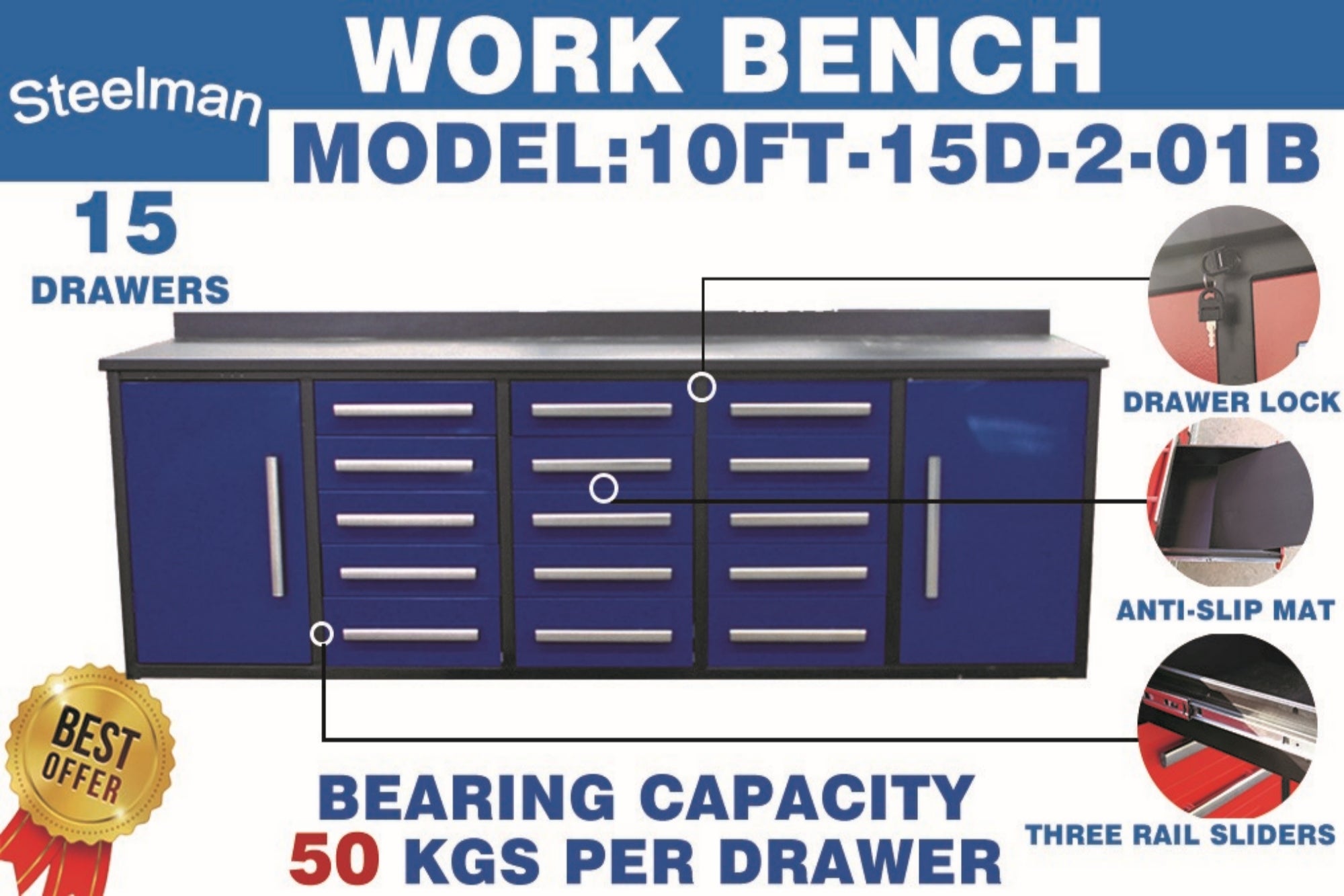 10ft Storage Cabinet (15 Drawers & 2 Cabinets) #color_blue