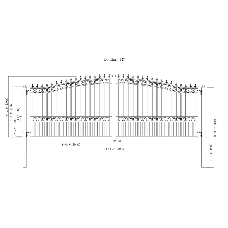 18'x6' Steel Dual Swing Driveway Gate - LONDON Style