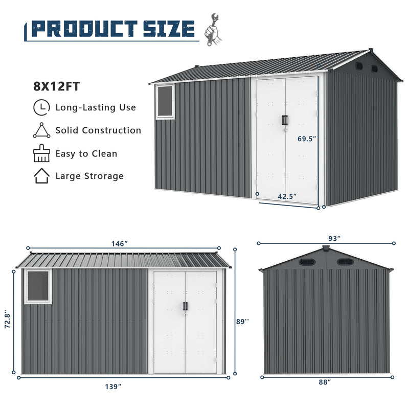 [AS-IS] 8x12 Ft Metal Storage Shed with Double Hinged Doors