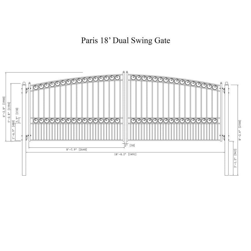 18'x6' Steel Dual Swing Driveway Gate - PARIS Style