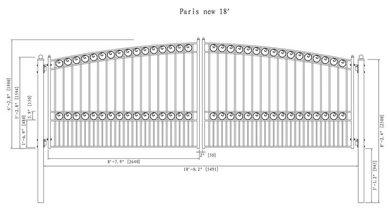 18'x6' Steel Dual Swing Driveway Gate - PARIS Style