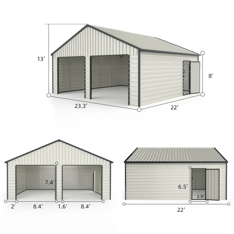 23' x 22' Double Garage Metal Shed with Side Entry Door