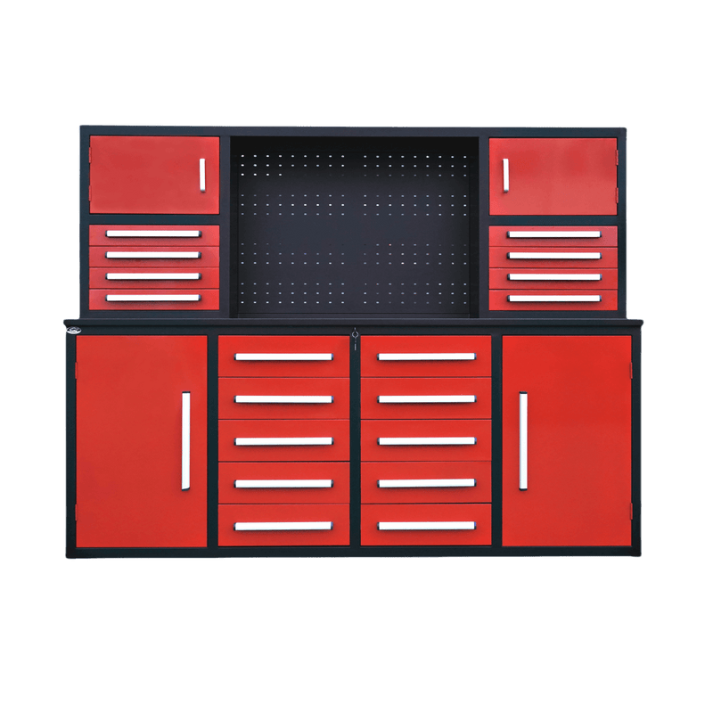 7' Garage Storage Cabinet with Workbench (18 Drawers & 4 Cabinets & Pegboard)