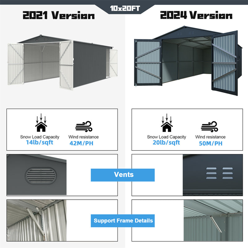 10'x20' Plus Upgraded Metal Garage Shed with Double Front Doors, Side Entry Door