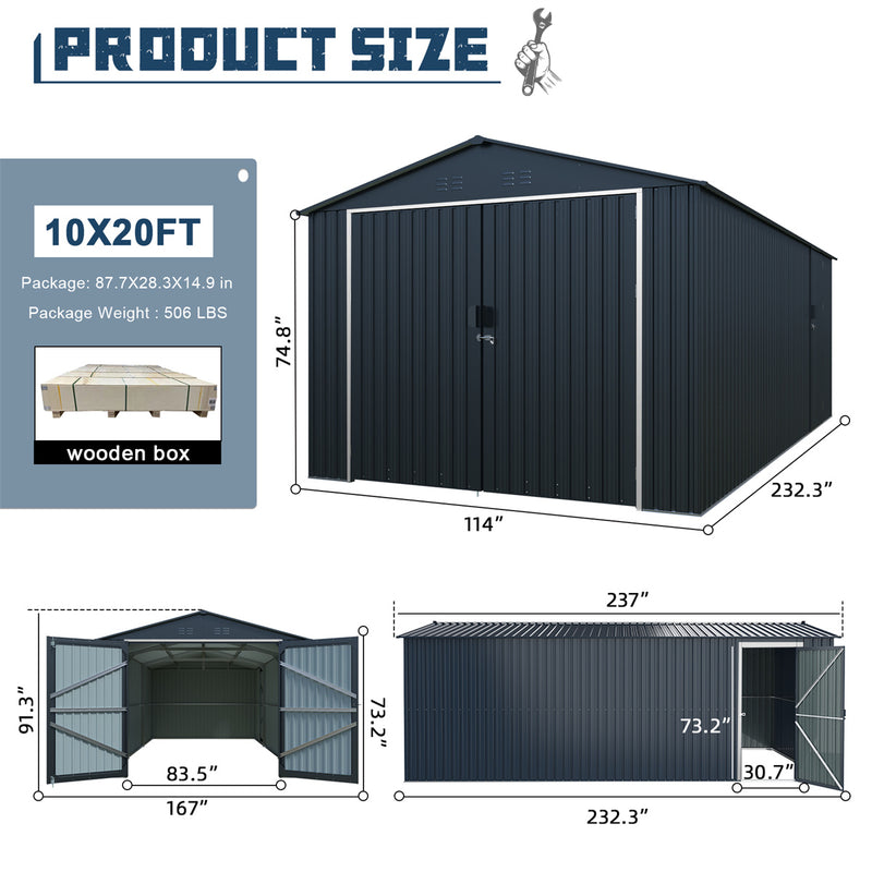 10'x20' Plus Upgraded Metal Garage Shed with Double Front Doors, Side Entry Door