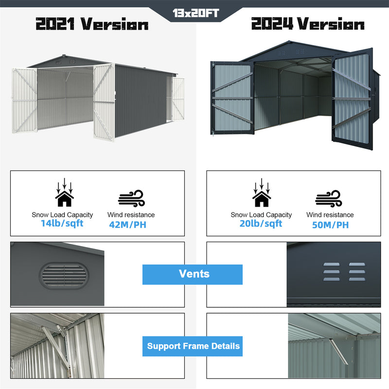 13'x20' Plus Upgraded Metal Garage Shed with Double Front Doors, Side Entry Door