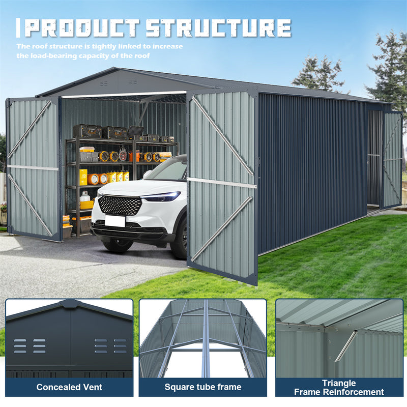 13'x20' Plus Upgraded Metal Garage Shed with Double Front Doors, Side Entry Door