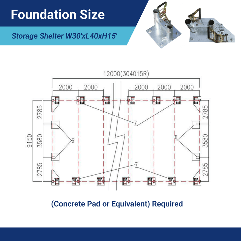 Single Truss Arch Storage Shelter W30'xL40'xH15' foudation size