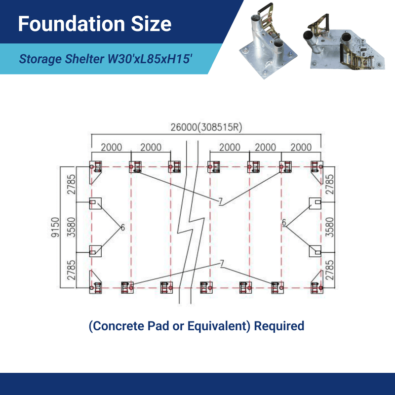 Single Truss Arch Storage Shelter W30'xL85'xH15' foudation size