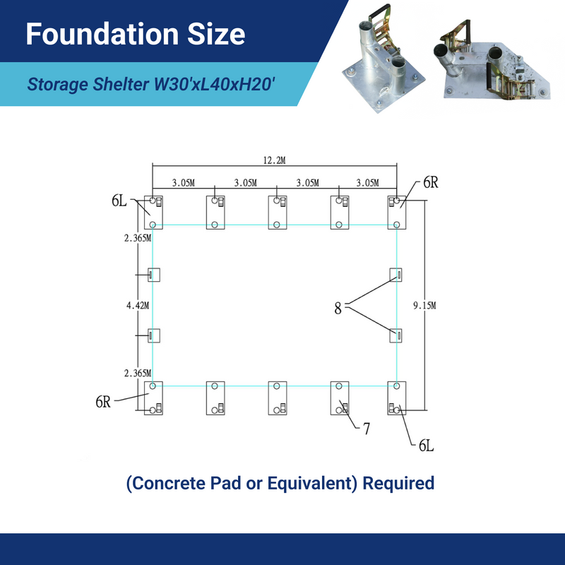 Double Truss Storage Shelter W30'xL40'xH20' foudation size