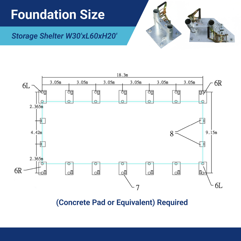 Double Truss Storage Shelter W30'xL60'xH20' foudation size