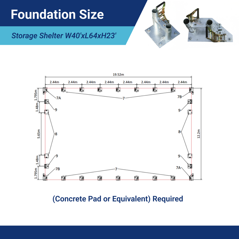 Double Truss Storage Shelter W40'xL64'xH23' foudation size