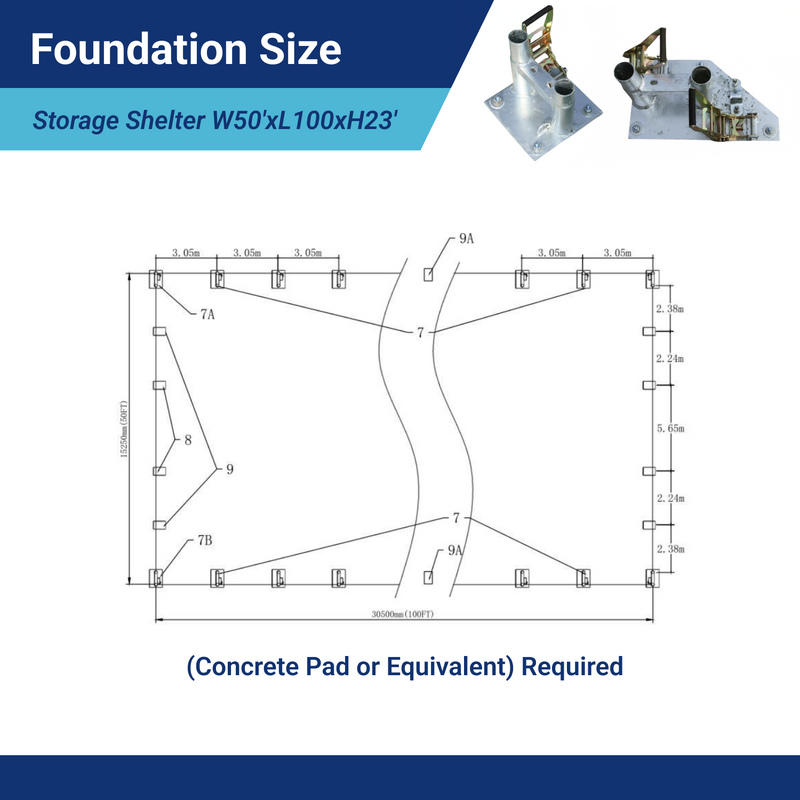 Double Truss Storage Shelter W50'xL100'xH23' foudation size