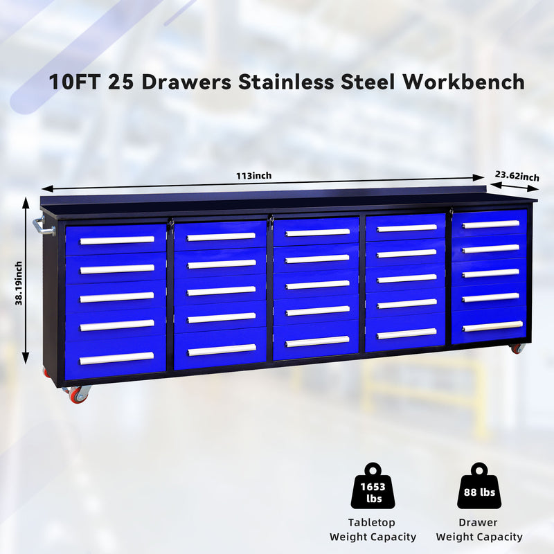 10ft Storage Workbench 25 Drawers with Wheels