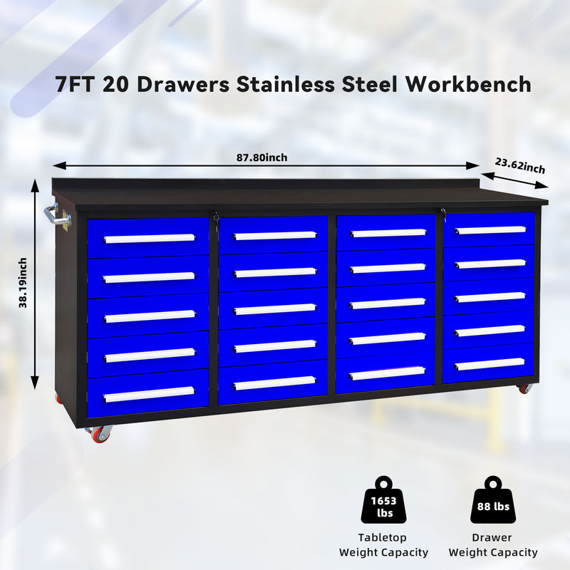 7ft Storage Workbench 20 Drawers with Wheels