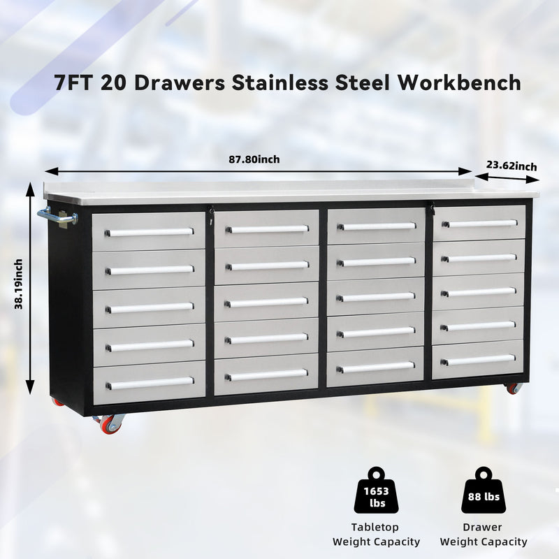 7ft Storage Workbench 20 Drawers with Wheels