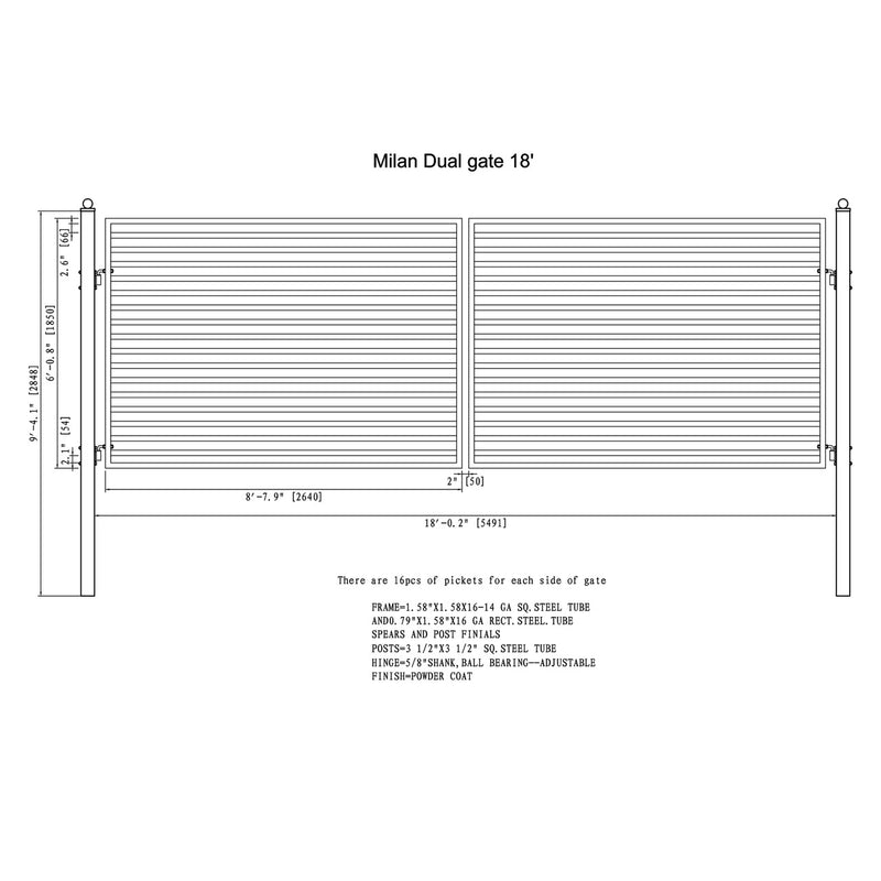 Aleko 18'x6' Steel Dual Swing Driveway Gate - MILAN Style