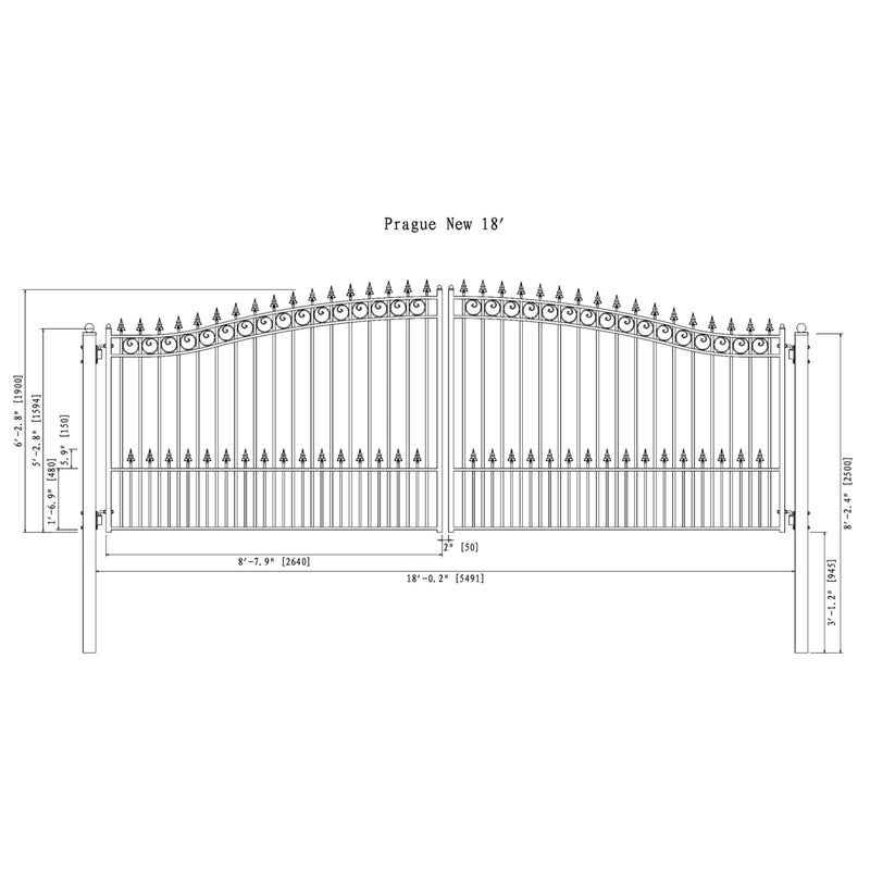 18'x6' Steel Dual Swing Driveway Gate - PRAGUE Style